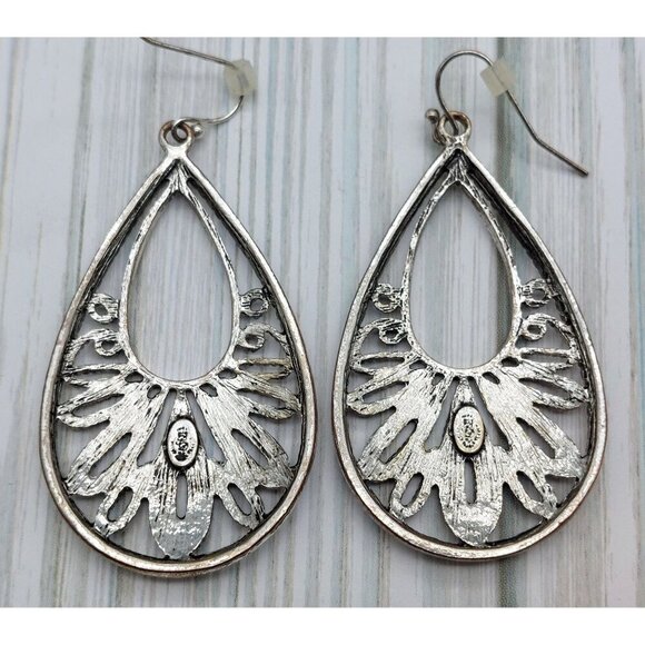 Premier Designs Silver Tone Filigree Openwork Teardrop Earrings Statement 2.5" - Picture 4 of 9